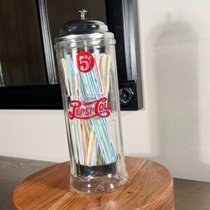 Vintage Pepsi-Cola 5¢ Glass Straw Dispenser | Retro Soda Shop Diner Decor